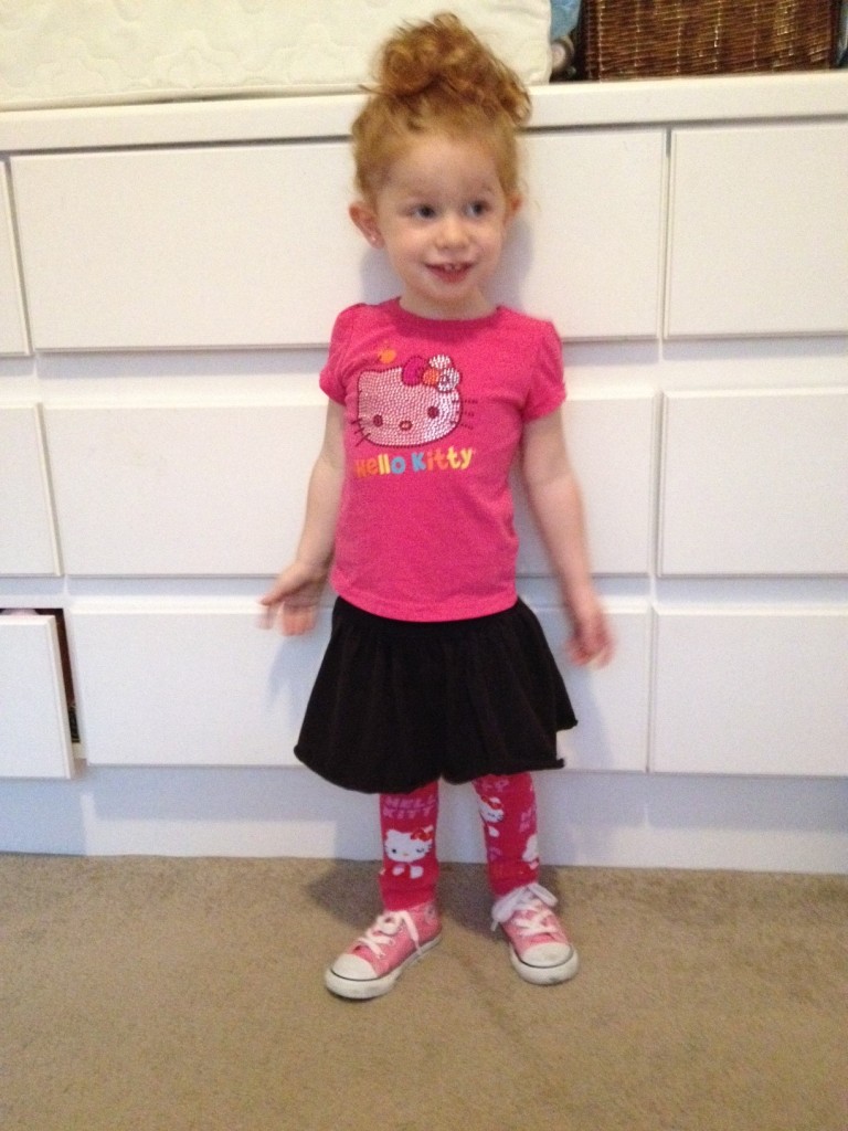 This is what happens when you give a 2 year old choices to get dressed. They get an opinion and want to wear Hello Kitty and pink everything.