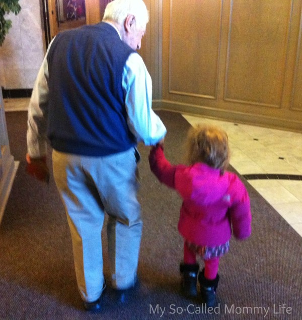 Princess Peach holding hands with her great-grandfather